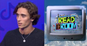 TikTok star Khaby Lame speaking with TikTok logo background next to a TV screen showing "Read The Room" logo.