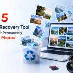 Top 5 photo recovery tool concept showing deleted photos being restored from recycle bin to laptop with camera and SD card nearby.