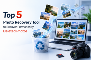 Top 5 photo recovery tool concept showing deleted photos being restored from recycle bin to laptop with camera and SD card nearby.