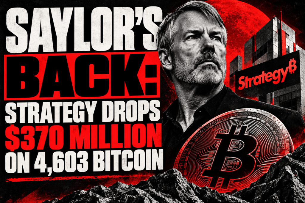 Michael Saylor with a Bitcoin coin and Strategy building, announcing a $370 million drop on 4,603 Bitcoin.
