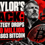 Michael Saylor with a Bitcoin coin and Strategy building, announcing a $370 million drop on 4,603 Bitcoin.