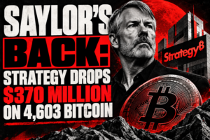 Michael Saylor with a Bitcoin coin and Strategy building, announcing a $370 million drop on 4,603 Bitcoin.