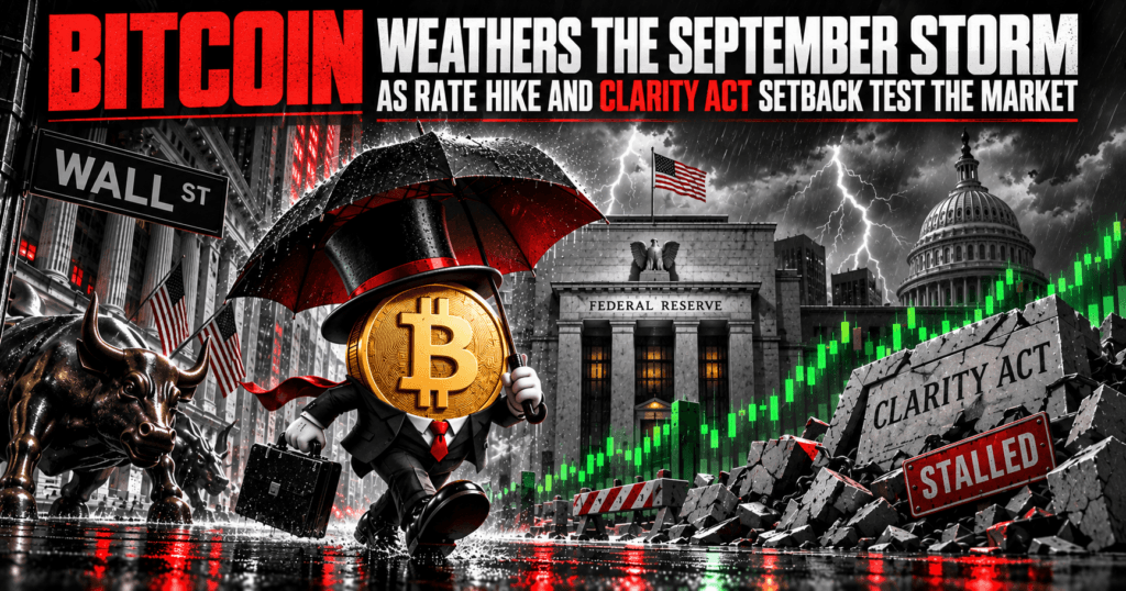 Bitcoin character with umbrella walks past Wall Street bull and Federal Reserve during storm, Clarity Act stalled sign visible.