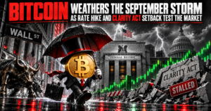 Bitcoin character with umbrella walks past Wall Street bull and Federal Reserve during storm, Clarity Act stalled sign visible.