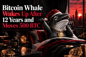 Bitcoin whale wearing Santa hat and monocle wakes up in bed with Bitcoin coins around at sunset cityscape.
