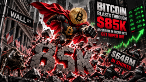 Superhero figure with Bitcoin head smashing "$85K" on Wall Street with bullish cryptocurrency market stats and short sellers falling.