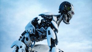 Futuristic white and black humanoid robot kneeling on rocky terrain near water under a blue sky
