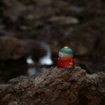 Eric Cartman figurine from South Park on a rock with blurred natural background