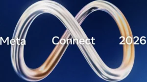 Meta Connect 2026 logo with a metallic infinity symbol on a dark blue background