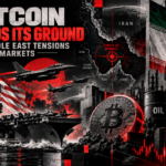 Bitcoin symbol with US aircraft carrier, fighter jets, oil barrels, and Middle East map highlighting Strait of Hormuz amid tensions.