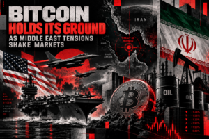Bitcoin symbol with US aircraft carrier, fighter jets, oil barrels, and Middle East map highlighting Strait of Hormuz amid tensions.