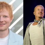 Ed Sheeran smiling in a light blue blazer and Macklemore performing on stage wearing a striped shirt and scarf.