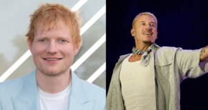 Ed Sheeran smiling in a light blue blazer and Macklemore performing on stage wearing a striped shirt and scarf.